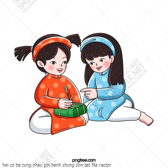 hai co be cung nhau goi banh chung don tet file vector
